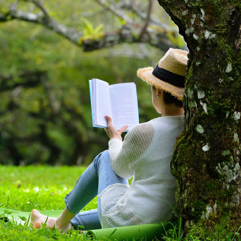 woman reading book under a tree