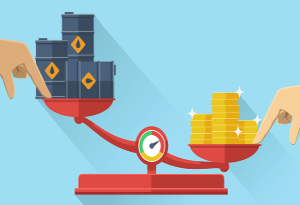 Illustration of oil and money on a scales