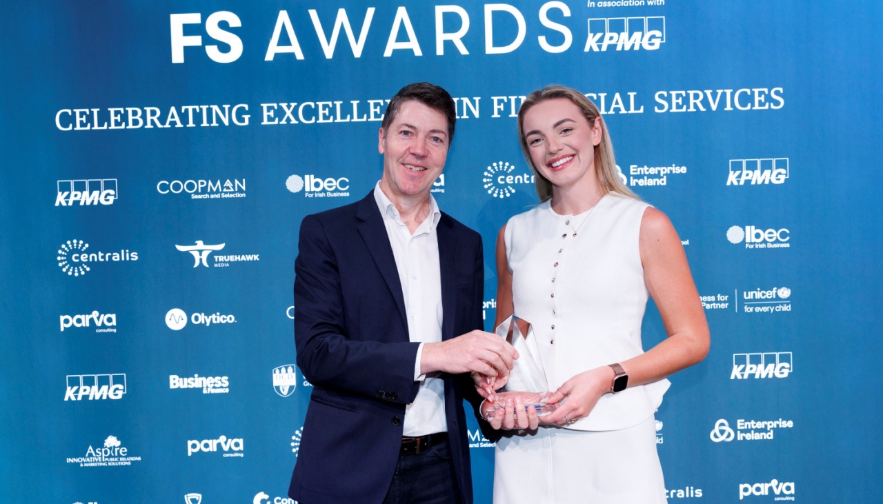 David Warren, Chief Investment Officer, Zurich Ireland accepts the award for Fund Management Company of the year from Christine Jones, Manager at award sponsor Coopman Search and Selection