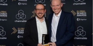 Sean Carty, head of digital marketing and Jannis Kiriasis SEO specialist from Zurich Ireland accepting a Global Search Award