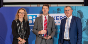 David Warren, Chief Investment Officer, Zurich Life, with Samantha Nagle, President of Brokers Ireland & Diarmuid Kelly, CEO Brokers Ireland at the brokers Ireland excellence awards