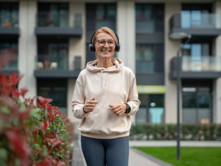 older woman walking with headphones