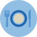 blue icon of a dinner plate with knife and fork
