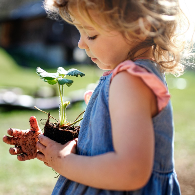 child with plant in hand