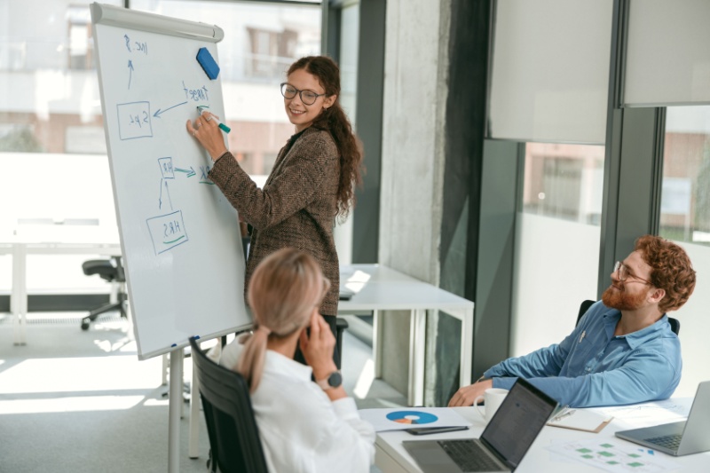 Three people in office around whiteboard