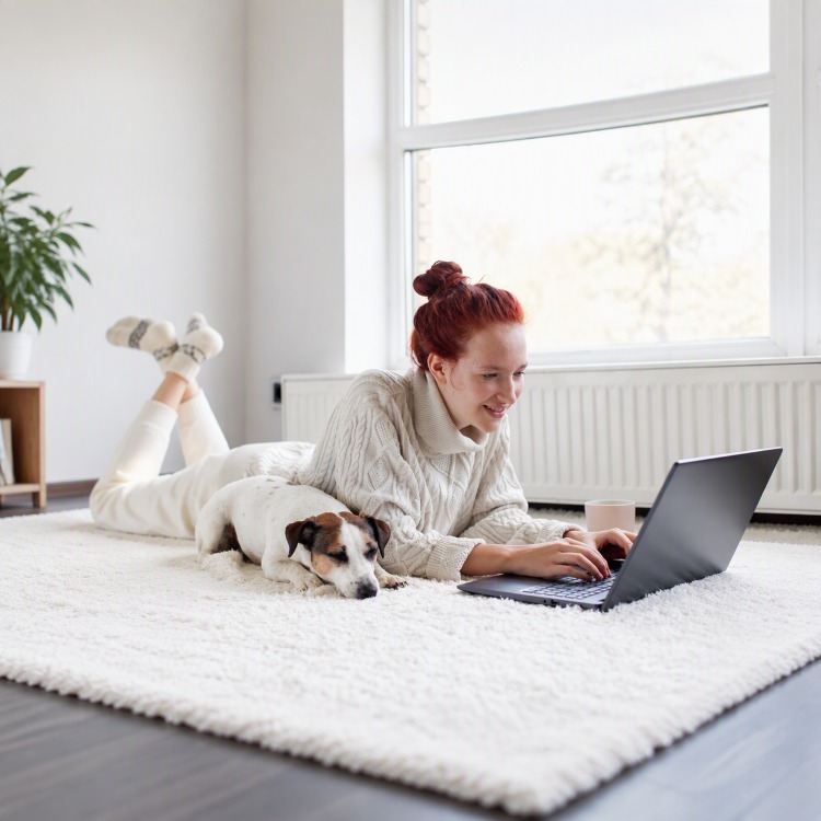 Woman at home on bed with small dog and laptop